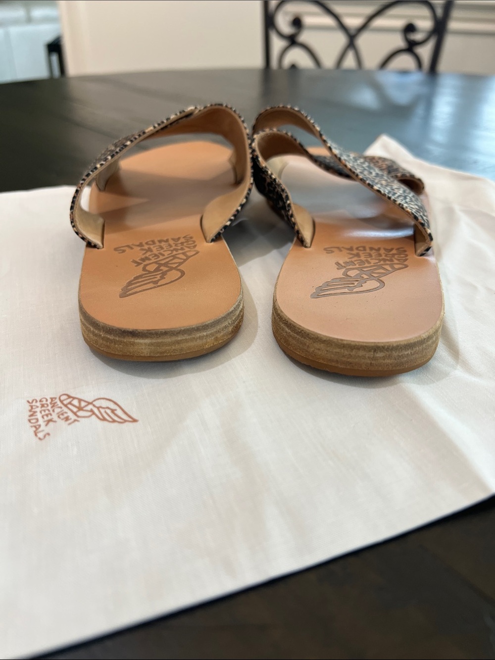 Ancient Greek Sandals Leopard Print Crisscross Slide Sandals - Tan/Black - Picture 3 of 4
